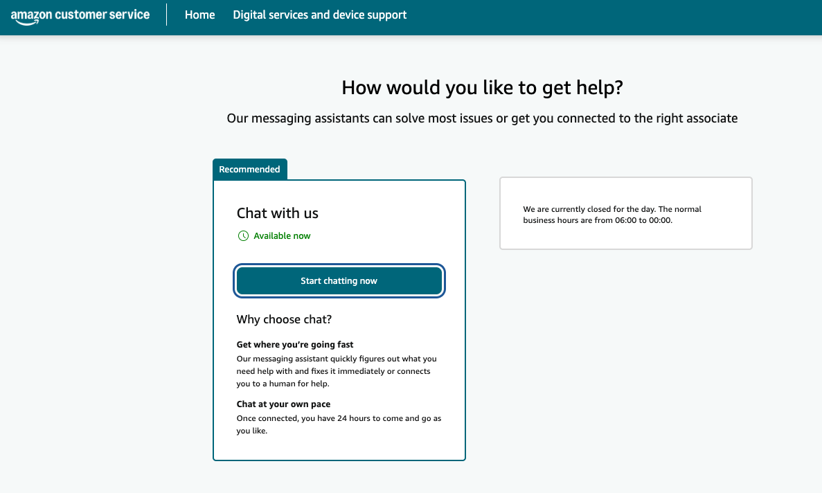 Amazon customer service: "Chat with us" offered directly above a notice that chat is currently closed