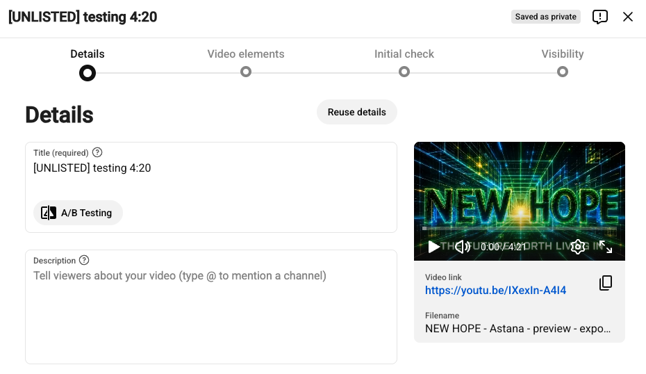 YouTube Studio upload dialog showing the video's duration as 4:21