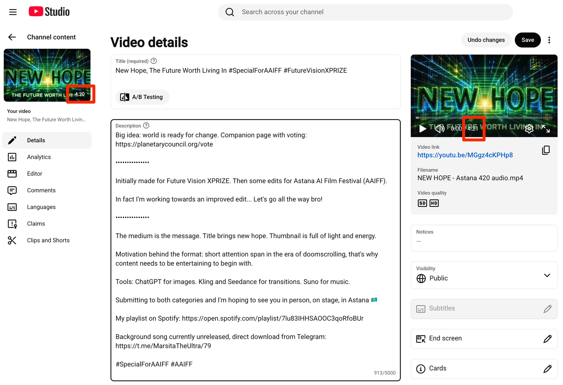 YouTube Studio Video details page: the channel-content thumbnail on the left is badged 4:20 while the preview player on the right reads 0:00 / 4:21 — same video, same page