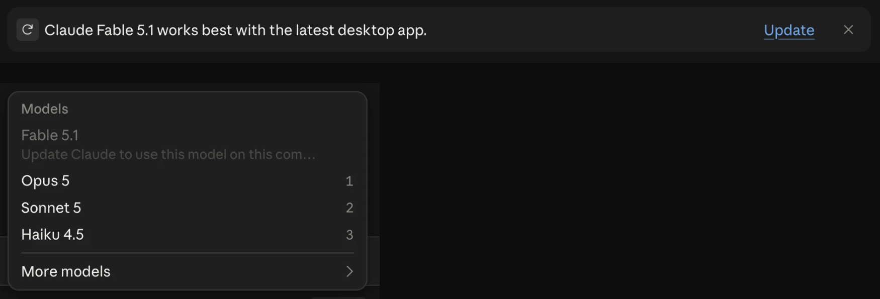 Top: banner claiming the model 'works best with' the latest app. Bottom: the model picker showing the same model greyed out and unusable without updating.